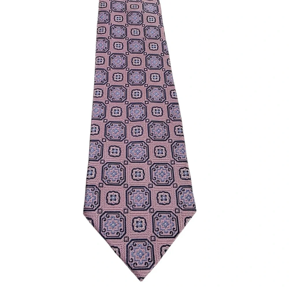 Burma Bibas Silk Mens Geometric Pattern Necktie Pink Blue Designer Easter Church